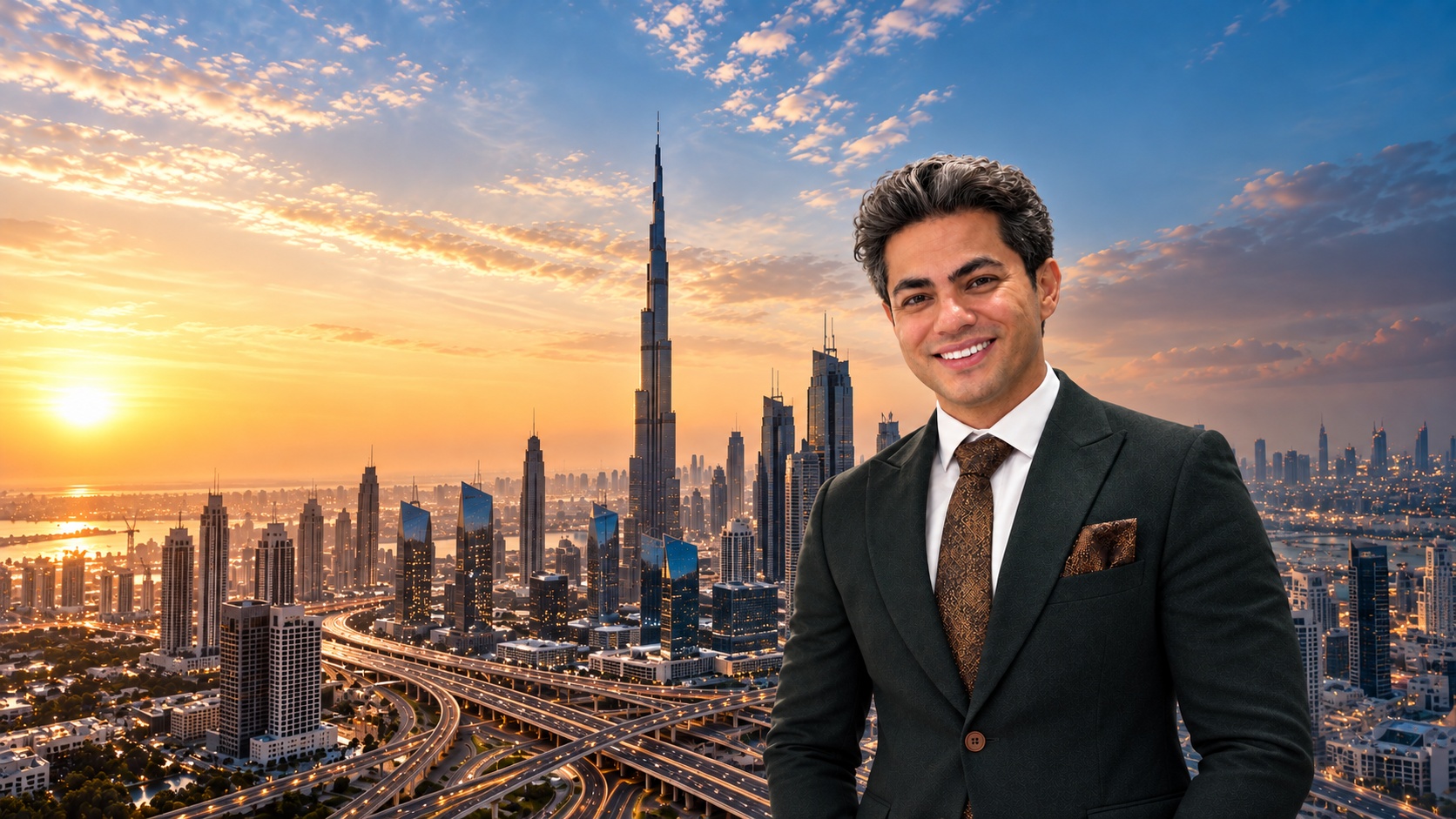 Saeid Soleimani composited beside the Burj Khalifa and Dubai skyline at dusk, designed as a single poster