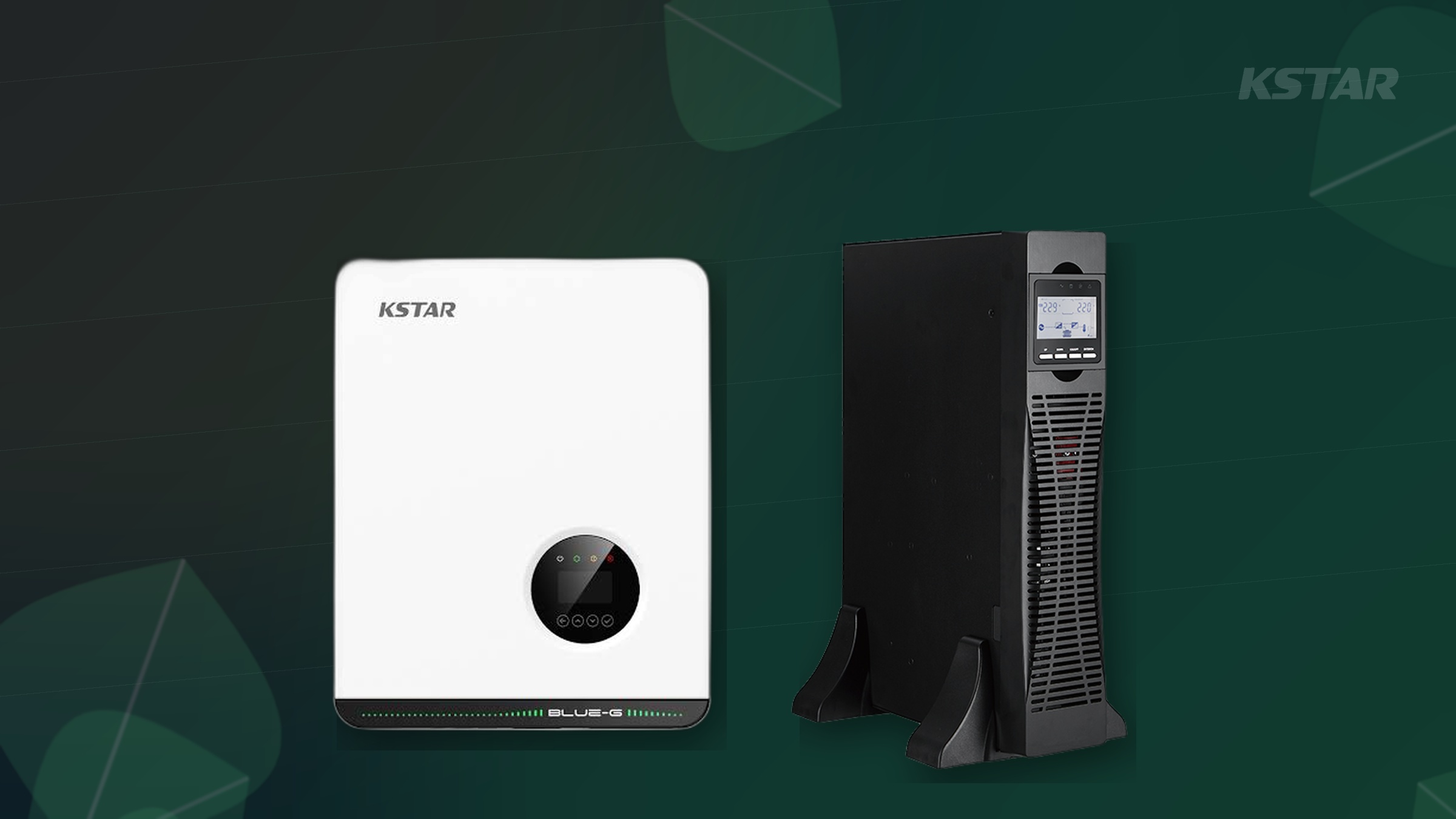 A designed green-energy composite: KSTAR solar inverter and online UPS product photography (backgrounds removed) over a custom navy-to-green gradient with abstract leaf motifs and a faint KSTAR watermark