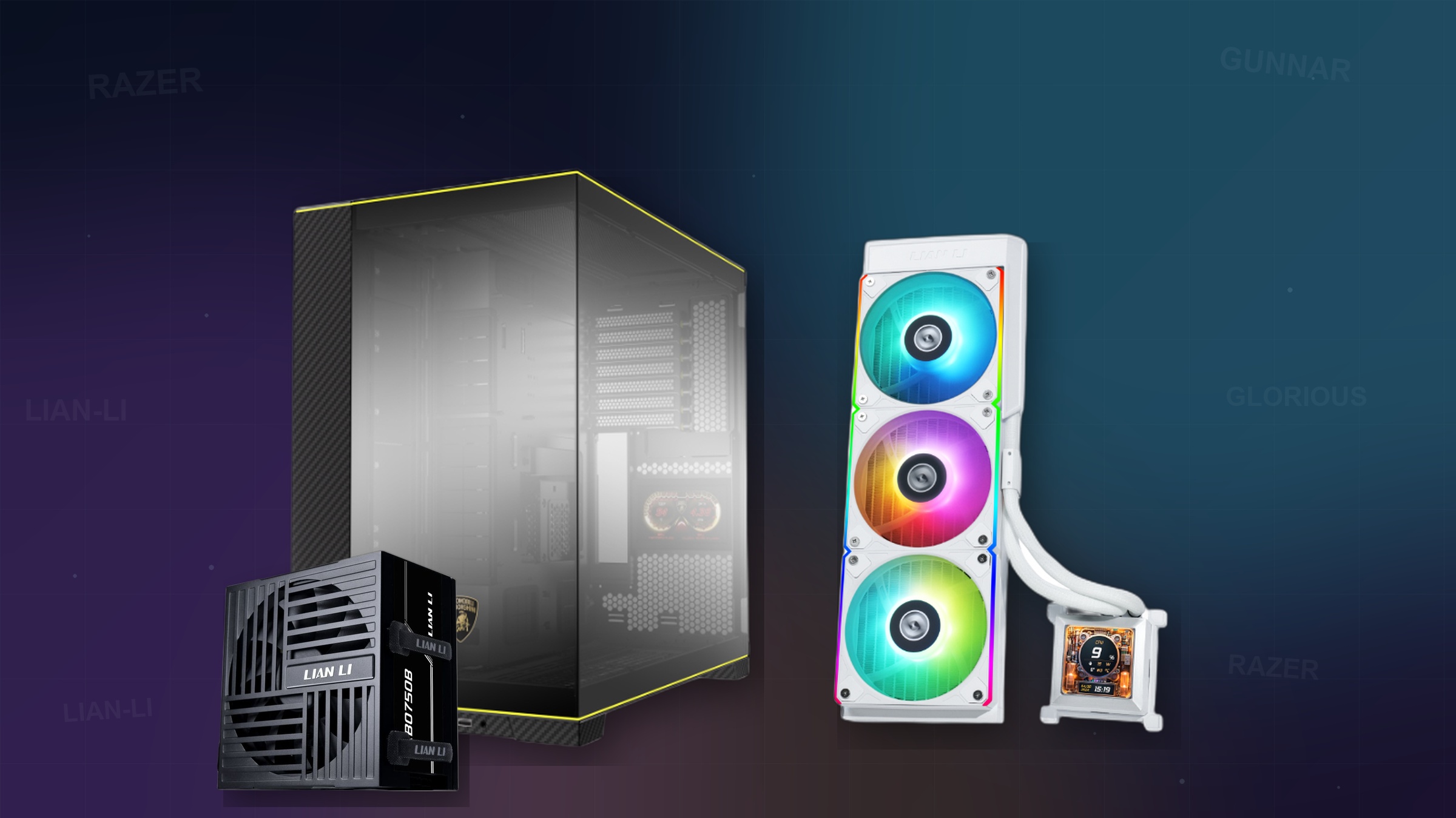 A designed tech composite: Lian-Li PC case, RGB water-cooling kit, and power supply (backgrounds removed) over a navy-to-teal gradient with faint Razer, Gunnar, Lian-Li and Glorious brand-name watermarks
